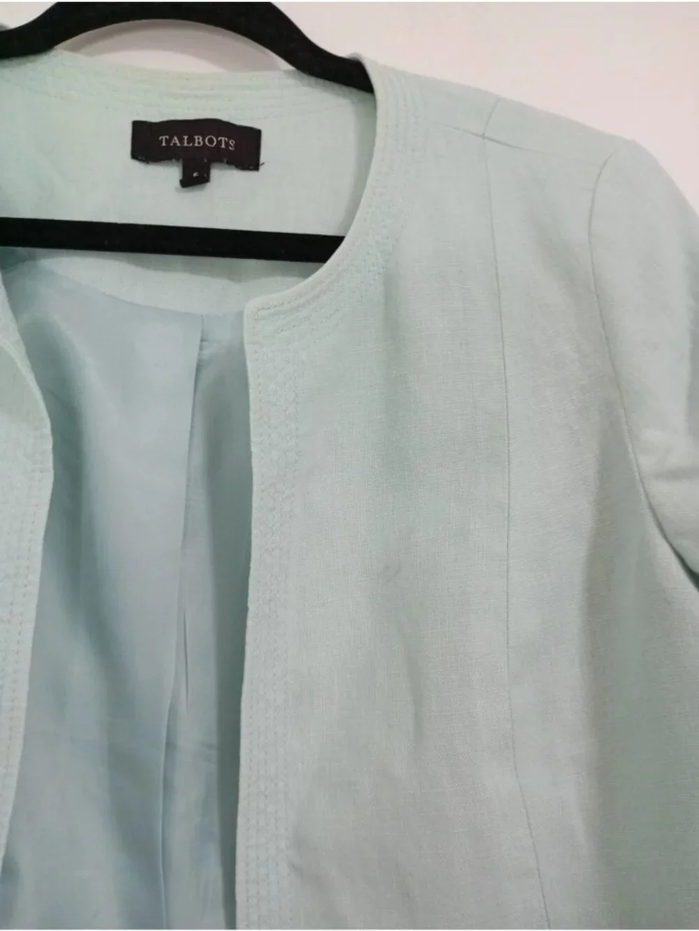 Talbots Womens Light Mint Green Open-Front 100% Linen Blazer Size 6 Classic Fit
